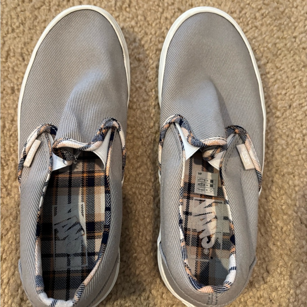 Vans Gray Slip-On Sneakers with plaid interior